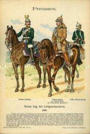 Uniformdarstellung, Leibgendarmen in Parade-, Tropen-, Dienst-Uniform, Königreich Preußen, 1898.