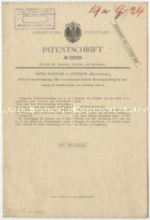 Patentschrift einer Stoßverbindung für transportable Eisenbahngleise, Patent-Nr. 23029