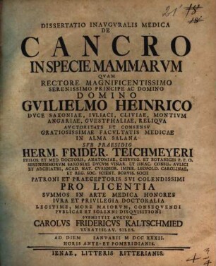 Dissertatio Inavgvralis Medica De Cancro In Specie Mammarvm