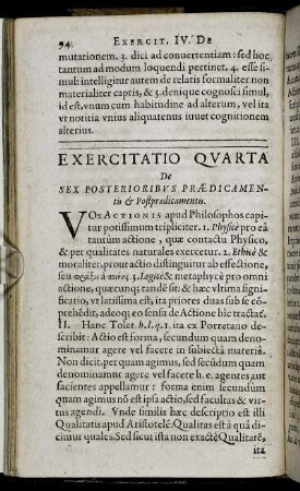 Exercitatio Quarta. De Sex Posterioribus Prædicamentis & Postprædicamentis.