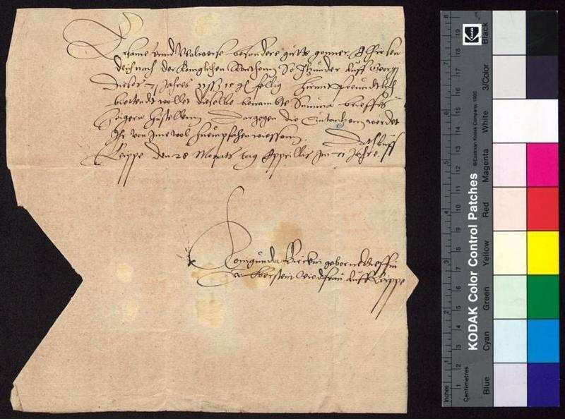 Kunigunde Berka von Duba, geborene Gräfin von Eberstein (Conigunda Birckin geborne Greffin von Eberstein), Witwe des Sigismund Berka von Duba auf Böhmisch Leipa (Leippe), fordert Bürgermeister und Rat der Stadt Bautzen auf, die königliche Jahrrente zu entrichten, die zu Georgi 1571 fällig war. | Digitalisierung: Stadtarchiv Bautzen