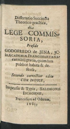 Dissertatio Succincta Theorico-practica, de Lege Commissoria