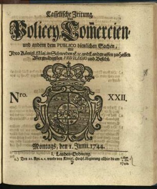 Nro. XXII, Montags, den 1. Junii 1744