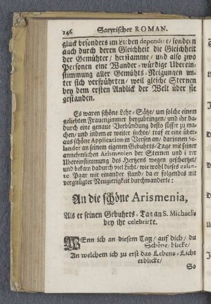 An die schöne Arismenia, Als er seinen Gebuhrts=Tag an S. Michaelis bey ihr celebrirte.