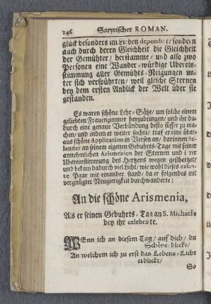 An die schöne Arismenia, Als er seinen Gebuhrts=Tag an S. Michaelis bey ihr celebrirte.