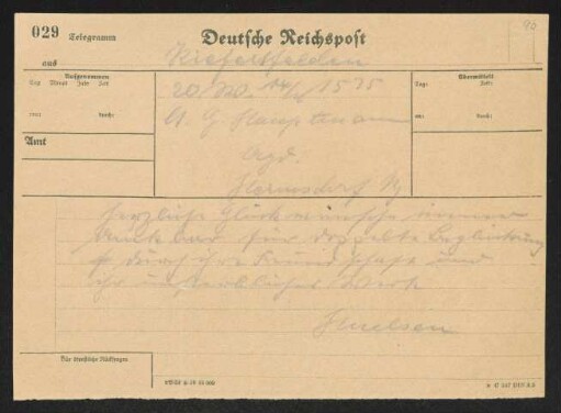 Brief von Hans von Hülsen an Gerhart Hauptmann