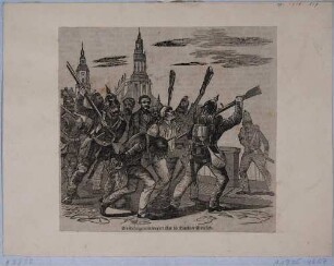 Gefangene Aufständische des Maiaufstandes 1849 in Dresden werden von Soldaten über die Elbbrücke (Augustusbrücke) getrieben