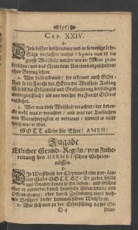 Zugabe Etlicher Grund-Regeln / von Zubereitung des Hermetischen Geheimnüsses