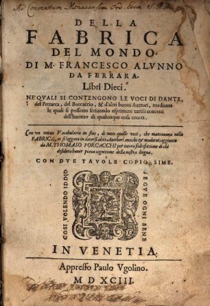 Della fabrica del mondo : libri X.