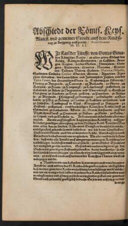 Abschiedt der Römis. Keys. Maiest. und gemeiner Stendt/ auff dem Reichßtag zu Augspurg auffgericht./ Anno Domini M. D. LI.
