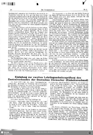 Einladung zur zweiten Lehrlingsarbeitenprüfung des Zentralverbandes der Deutschen Uhrmacher (Einheitsverband)