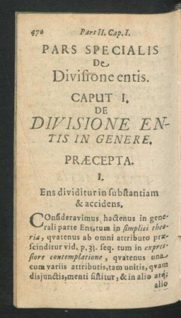 Caput I. De Divisione Entis In Genere.
