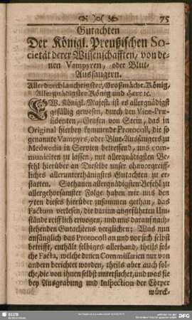 Gutachten Der Königl. Preußischen Societät derer Wissenschafften, von denen Vampyren, oder Blut-Aussaugern