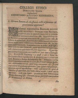Collegii Ethici Disputatio Quarta. Respondente Christiano Martino Reddemero