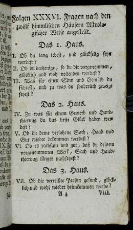 Folgen XXXVI. Fragen nach den zwölf himmlischen Häusern Astrologischer Weise angestellt