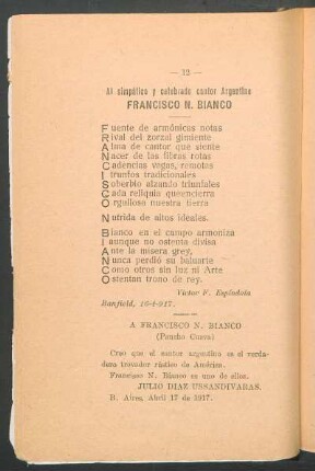 Al simpático y celebrado cantor argentino Francisco N. Bianco : [Acróstico]