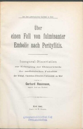 Über einen Fall von fulminanter Embolie nach Perityflitis