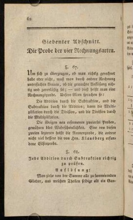 62-72, Siebenter Abschnitt. Die Probe der vier Rechnungsarten, § 67 - 79