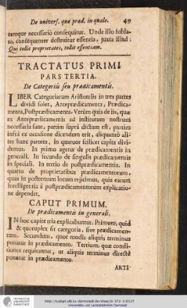 TRACTATUS PRIMI PARS TERTIA. De Categoriis seu pradicamentis.