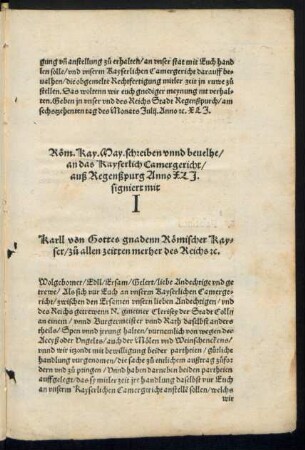 Röm. Kay. May. schreiben ... signiert mit I