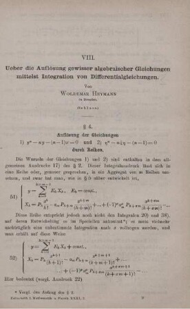 VIII. Ueber die Auflösung gewisser algebraischer Gleichungen mittelst Integration von Differentialgleichungen.