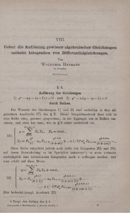 VIII. Ueber die Auflösung gewisser algebraischer Gleichungen mittelst Integration von Differentialgleichungen.