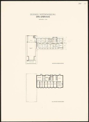 Siedlung für Kriegsbeschädigte Schinkelwettbewerb 1945: Gasthaus. Grundrisse DG, KG 1:200