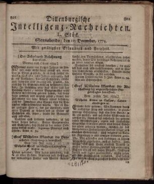 Sonnabends: den 10. December 1774.