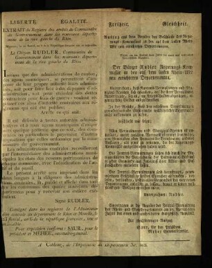 Extrait du Registre des arrêtés du Commissaire du Gouvernement dans les nouveaux départemens de la rive gauche du Rhin