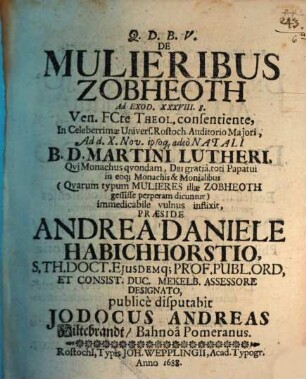 De mulieribus Zobheoth : ad Exod. XXXVIII. 8.