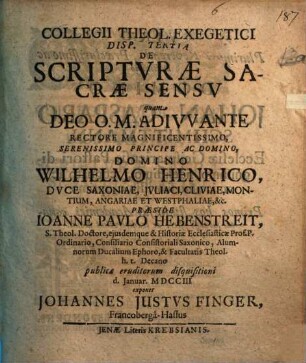 Collegii theol. exegetici disp. ..., Tertia. De Scripturae Sacrae sensu