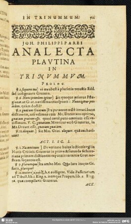 Joh. Philippi Parei Analecta Plautina In Trinummum
