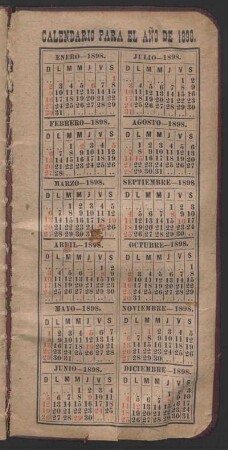 Calendario Para El Año De 1898