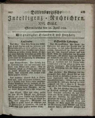XVI. Stück. Sonnabends den 20. April 1799.
