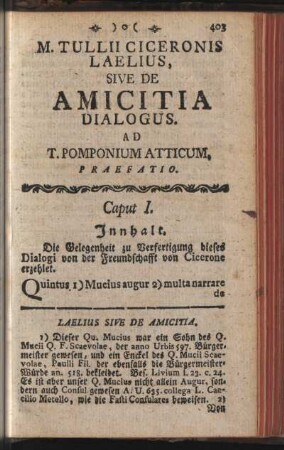 M. Tullii Ciceronis Laelius, Sive De Amicitia Dialogus. Ad T. Pomponium Atticum