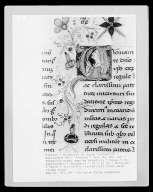 Expositio super regulam Benedicti — Initiale Q (uoniam) mit einer weiblichen Figur, Folio 2 recto