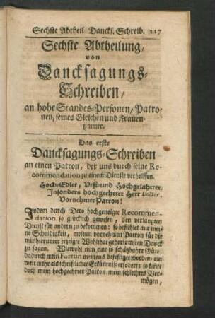 Sechste Abtheilung, von Dancksagungs-Schreiben, an hohe Standes-Personen, ...