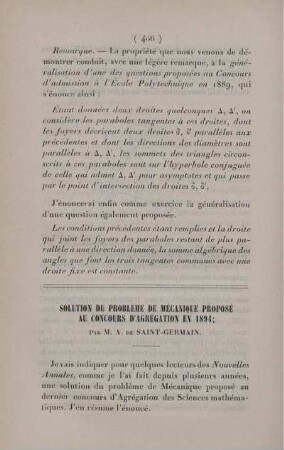Solution du problème de mécanique proposé au concours d'agrégation en 1894.