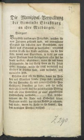 Die Munizipal-Verwaltung der Gemeinde Straßburg an ihre Mitbürger