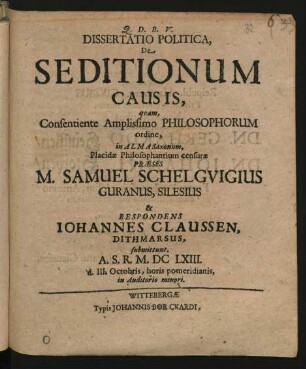 Dissertatio Politica, De Seditionum Causis