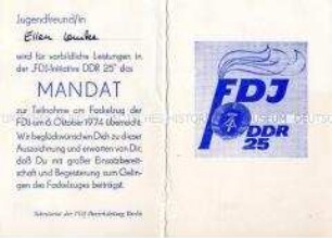 Mandat zur Teilnahme am Fackelzug der FDJ anlässlich des 25. Jahrestages der DDR