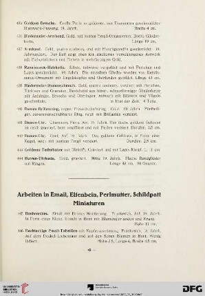 Arbeiten in Email, Elfenbein, Perlmutter, Schildpatt Miniaturen (Nr. 445-579)