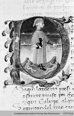 Dantes Divina Commedia und Petrarcas Trionfi : Dante: Historisierte Initiale P mit Darstellung Dantes aus dem Purgatorium