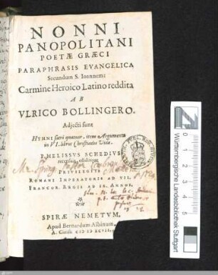 Nonni Panopolitani Poetae Graeci Paraphrasis Evangelica Secundum S. Ioannem : Carmine Heroico Latino reddita