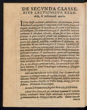 De Secunda Classe, Eius Lectionibus, Exercitiis, & instituendi modo.