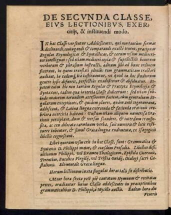 De Secunda Classe, Eius Lectionibus, Exercitiis, & instituendi modo.