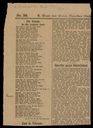 Beil.: Ausschnitt aus den Kieler Neuesten Nachrichten vom 16.2.1915 mit Abdruck eines Gedichtes von Lili Du Bois-Reymond (Die Mäuse - An Sir Archibald Hurd).