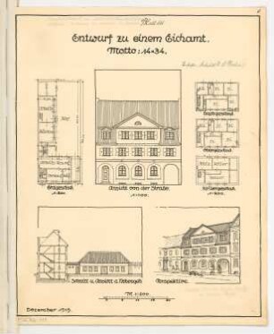 Eichamt Monatskonkurrenz Dezember 1919: Grundriss Erdgeschoss 1:100; Grundriss Keller, Obergeschoss, Dachgeschoss, Längsschnitt 1:200; Aufriss Straßenansicht 1:100; perspektivische Ansicht; Maßstabsleiste