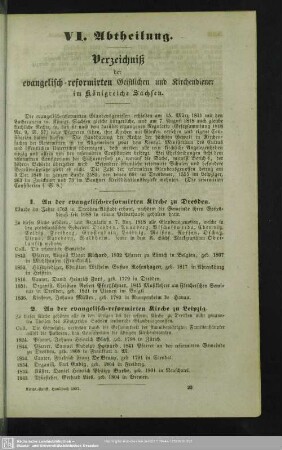 VI. Abtheilung. Verzeichniß der evangelisch-refomirten Geistlichen und Kirchendiener im Königreiche Sachsen