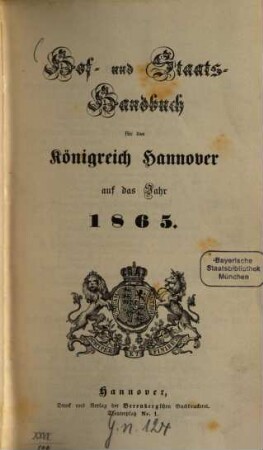 Hof- und Staatshandbuch für das Königreich Hannover, 1865